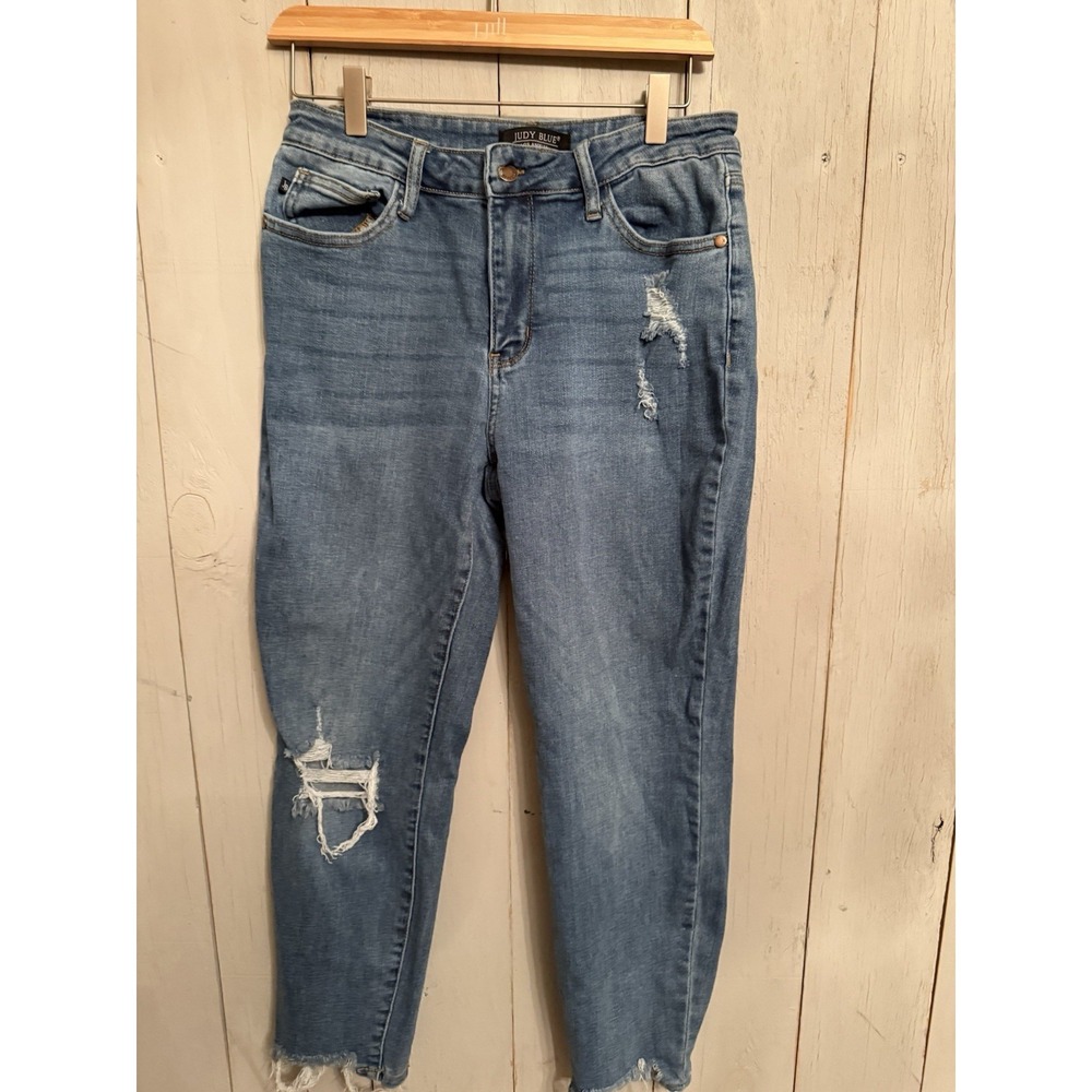 Judy Blue Jeans 11/30 Mid Rise Slim Fit‎ Distressed Fray Edge Comfort Med Wash